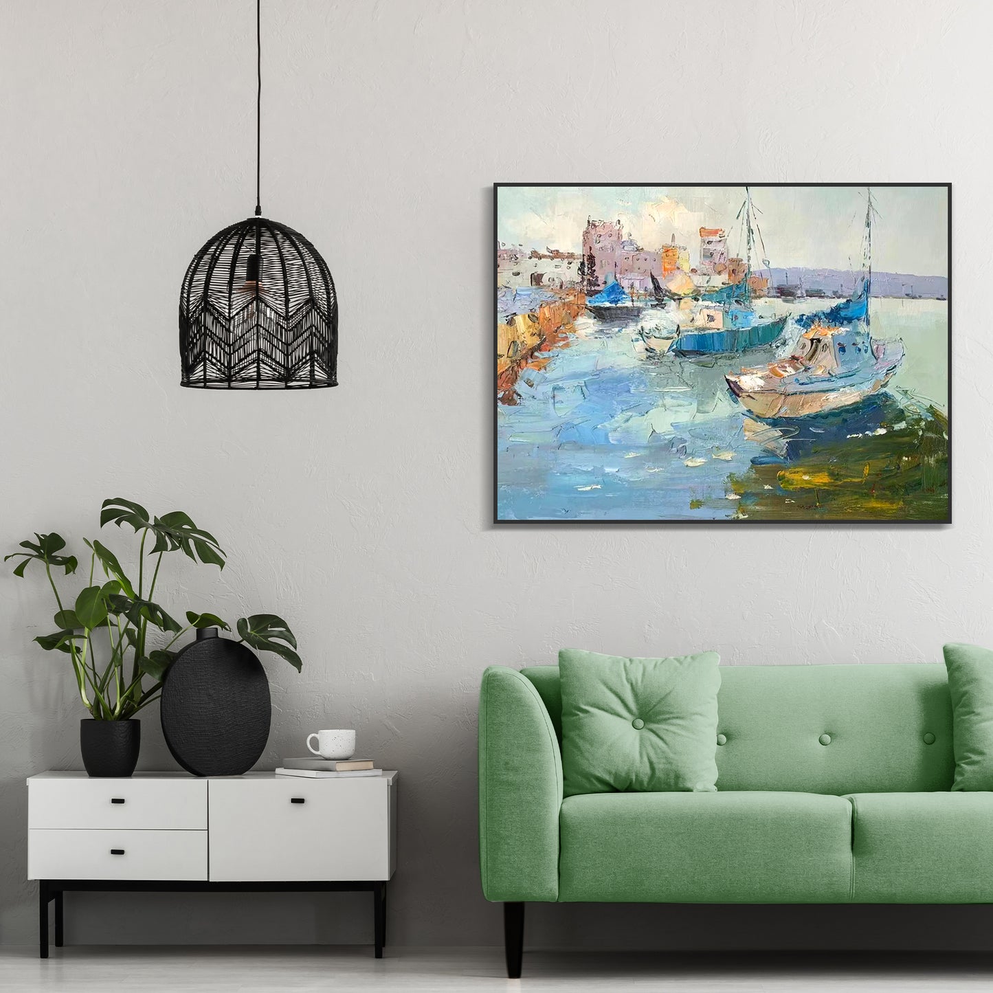 LANDSCAPE PAINTING, QUITE HARBOR, HAND-PAINTED CANVAS