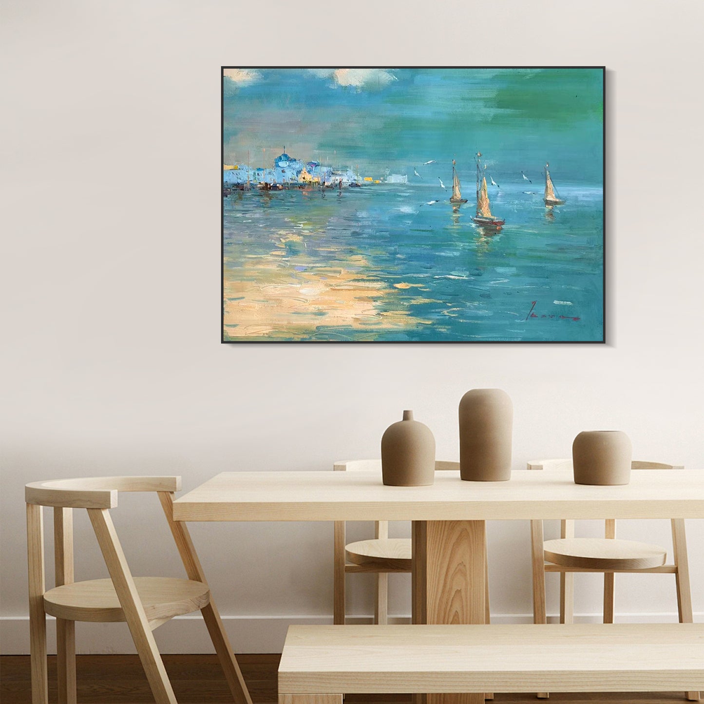 LANDSCAPE PAINTING, COASTAL CITY VIEW, HAND-PAINTED CANVAS