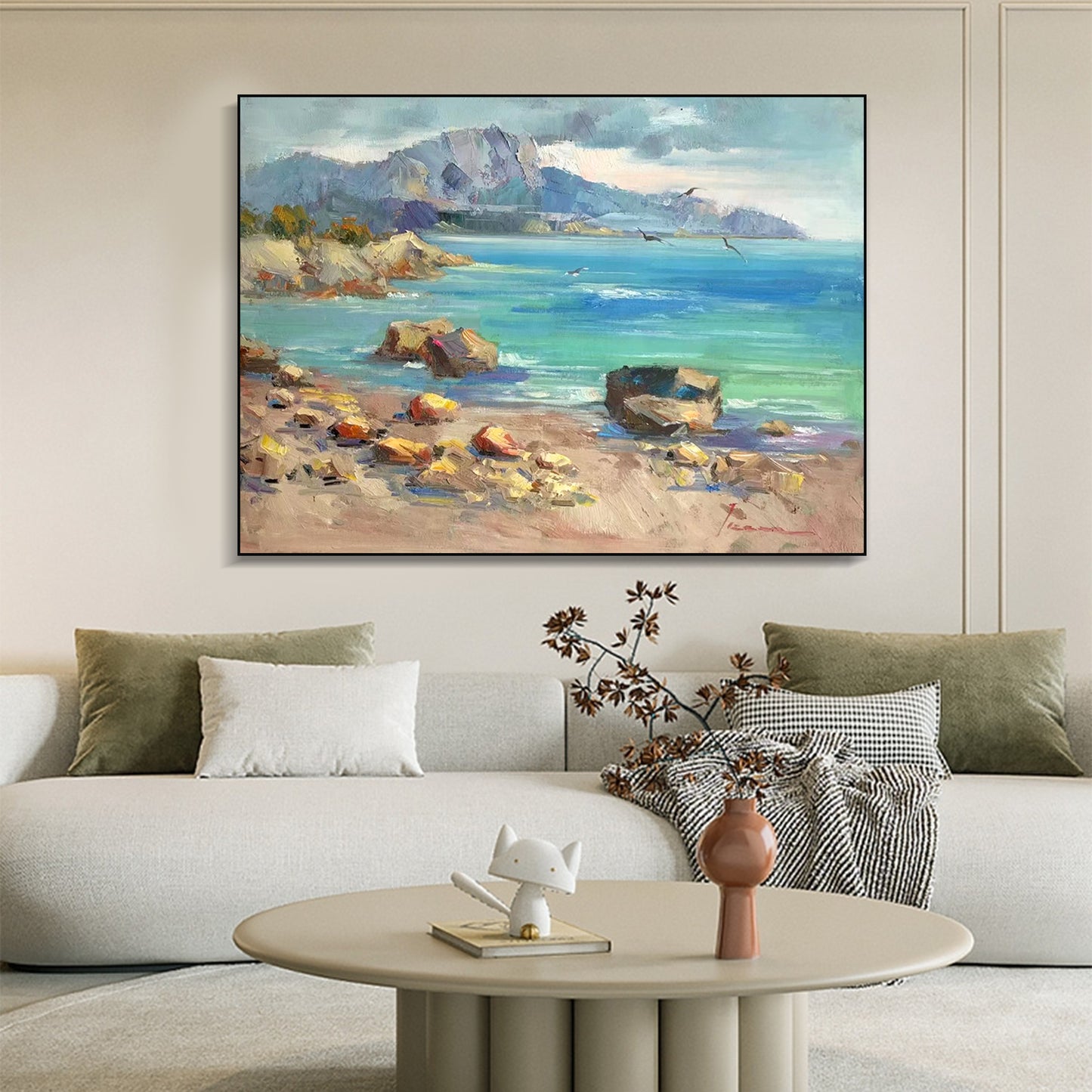 LANDSCAPE PAINTING, COASTAL VIEW WITH SEAGULL, HAND-PAINTED CANVAS