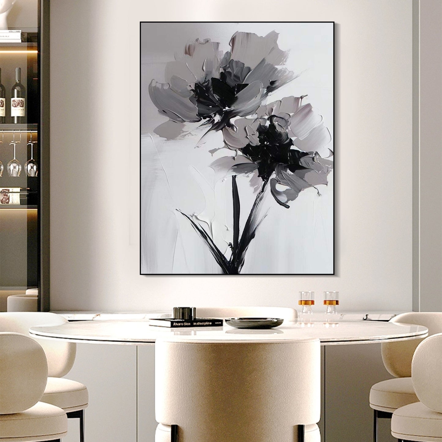 FLOWER PAINTING, HAND-PAINTED CANVAS, WHITE BLACK FLOWER