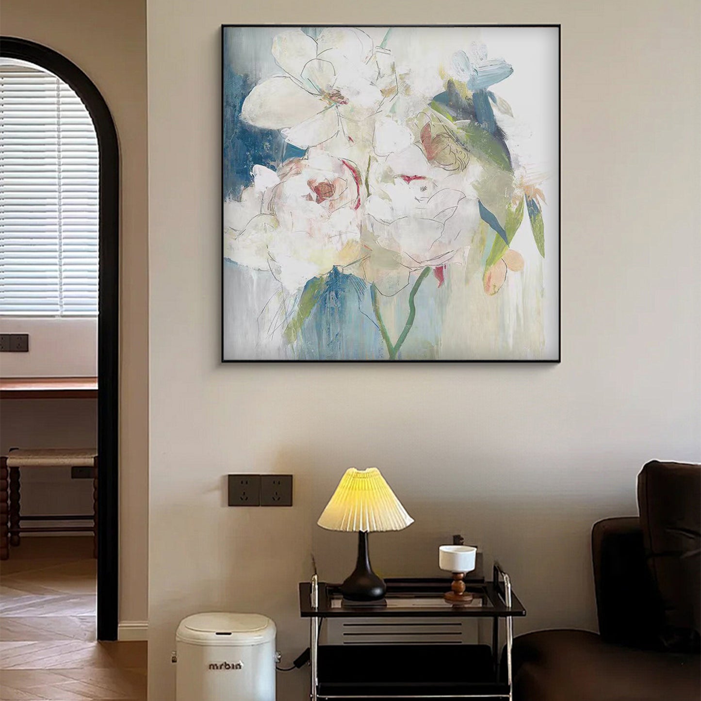 FLOWER PAINTING, WHITE FLOWER BLOOM, HAND-PAINTED CANVAS