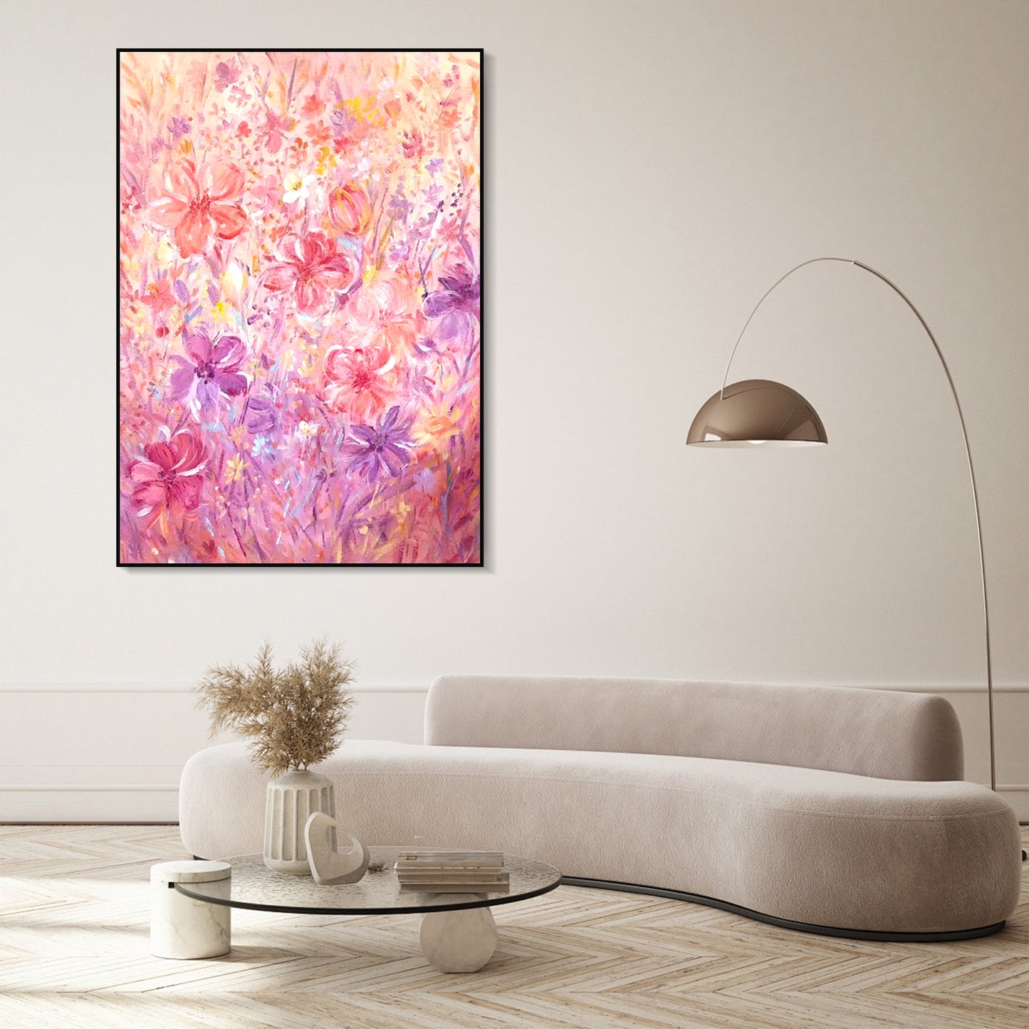 FLOWER PAINTING, PINK BLOOM, HAND-PAINTED CANVAS