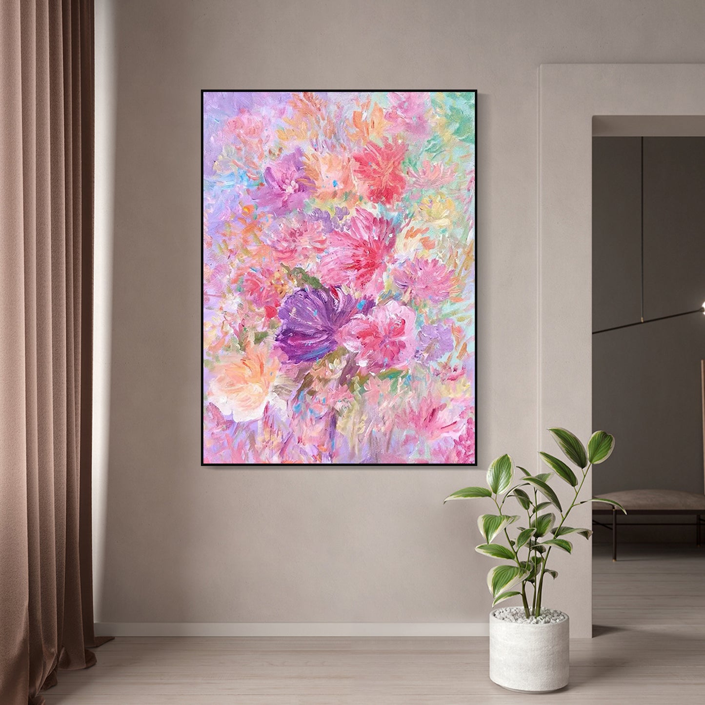 FLOWER PAINTING, PINK BLOOM 2, HAND-PAINTED CANVAS