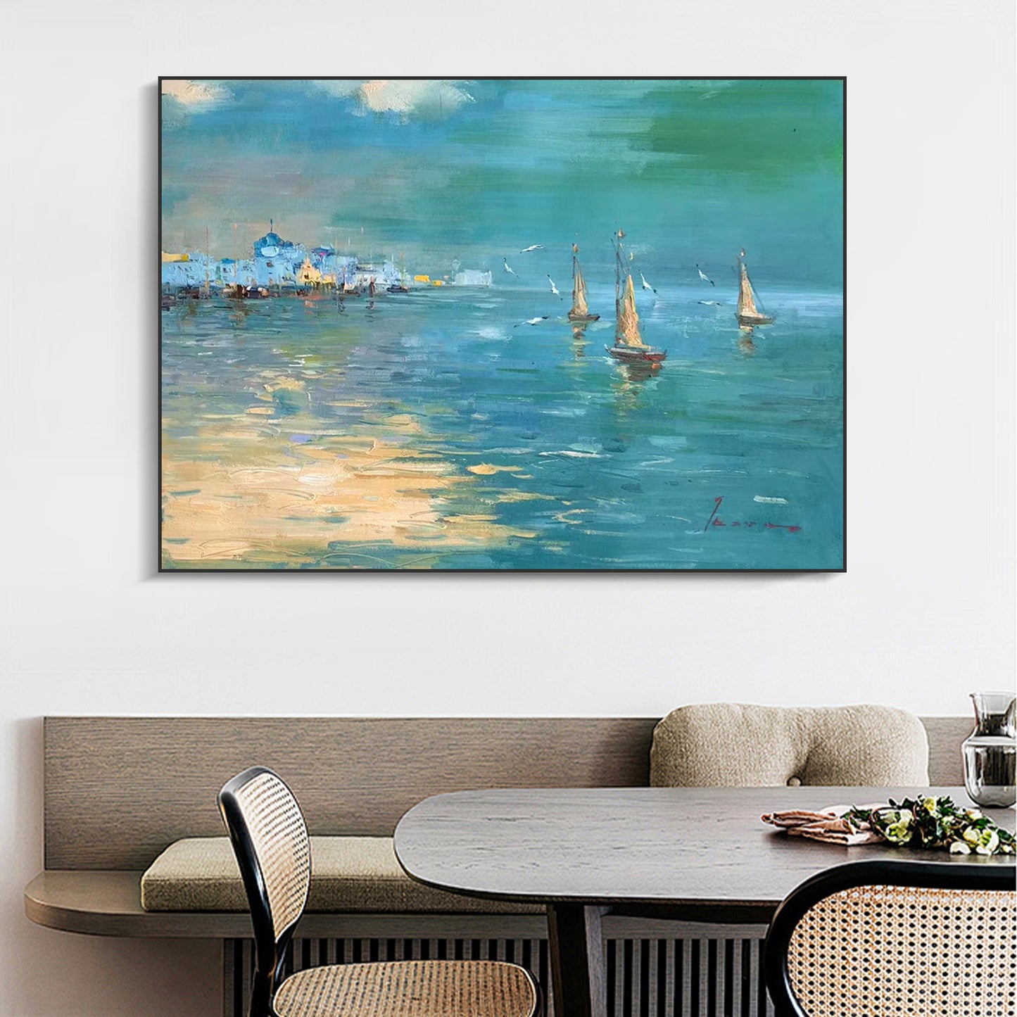 LANDSCAPE PAINTING, COASTAL CITY VIEW, HAND-PAINTED CANVAS