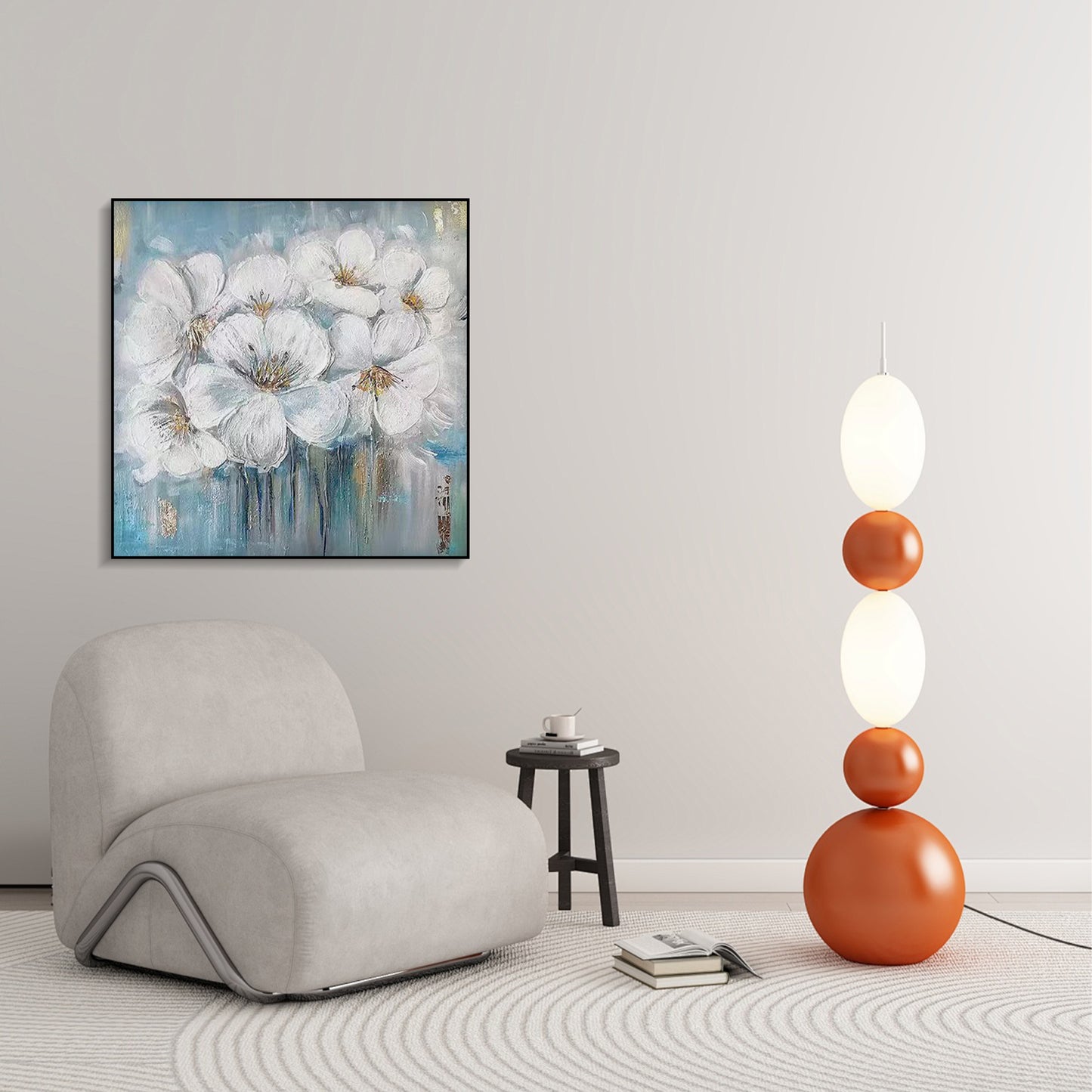 FLOWER PAINTING, WHITE FLOWER, HAND-PAINTED CANVAS