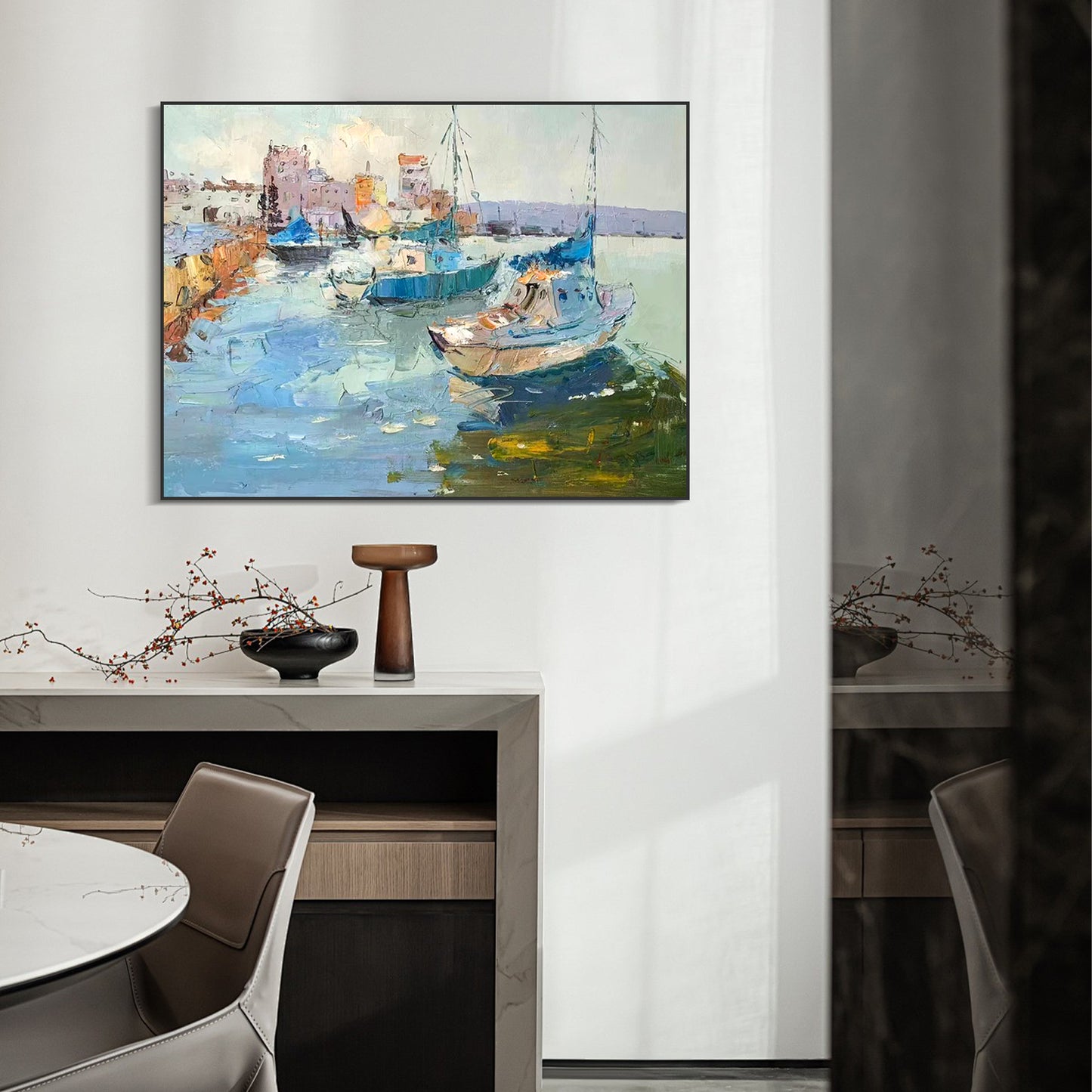 LANDSCAPE PAINTING, QUITE HARBOR, HAND-PAINTED CANVAS