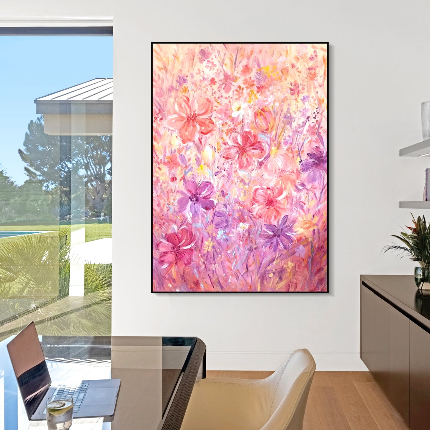 FLOWER PAINTING, PINK BLOOM, HAND-PAINTED CANVAS