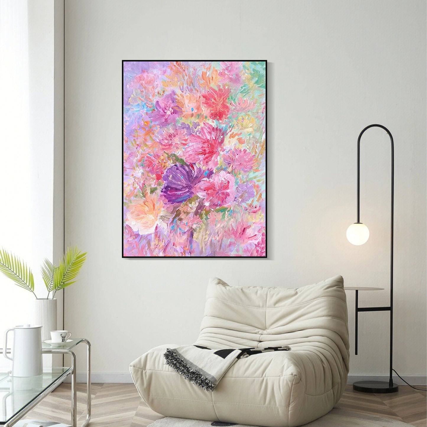 FLOWER PAINTING, PINK BLOOM 2, HAND-PAINTED CANVAS