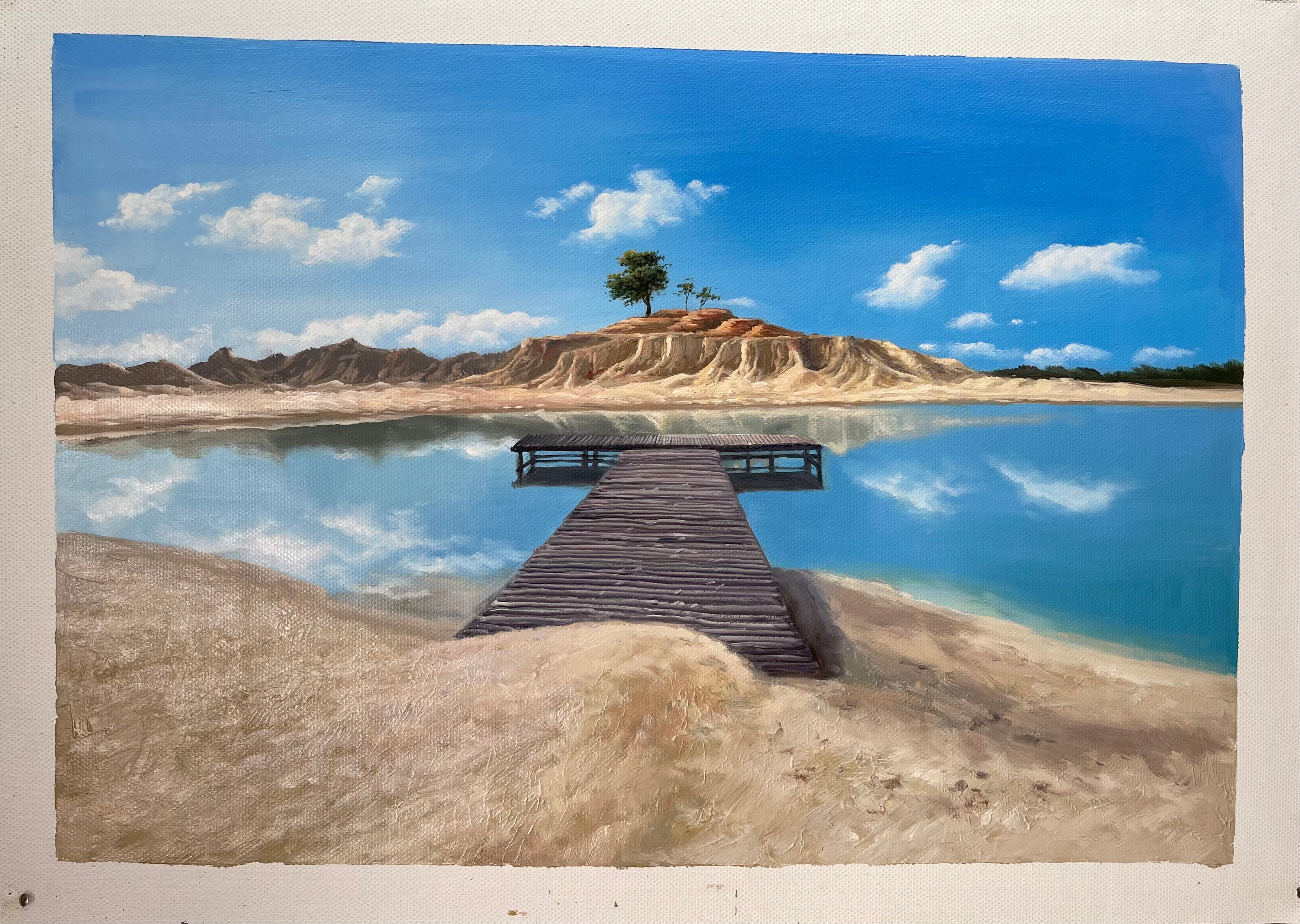 Serene Landscape Painting: Tranquil Lake View with Bridge