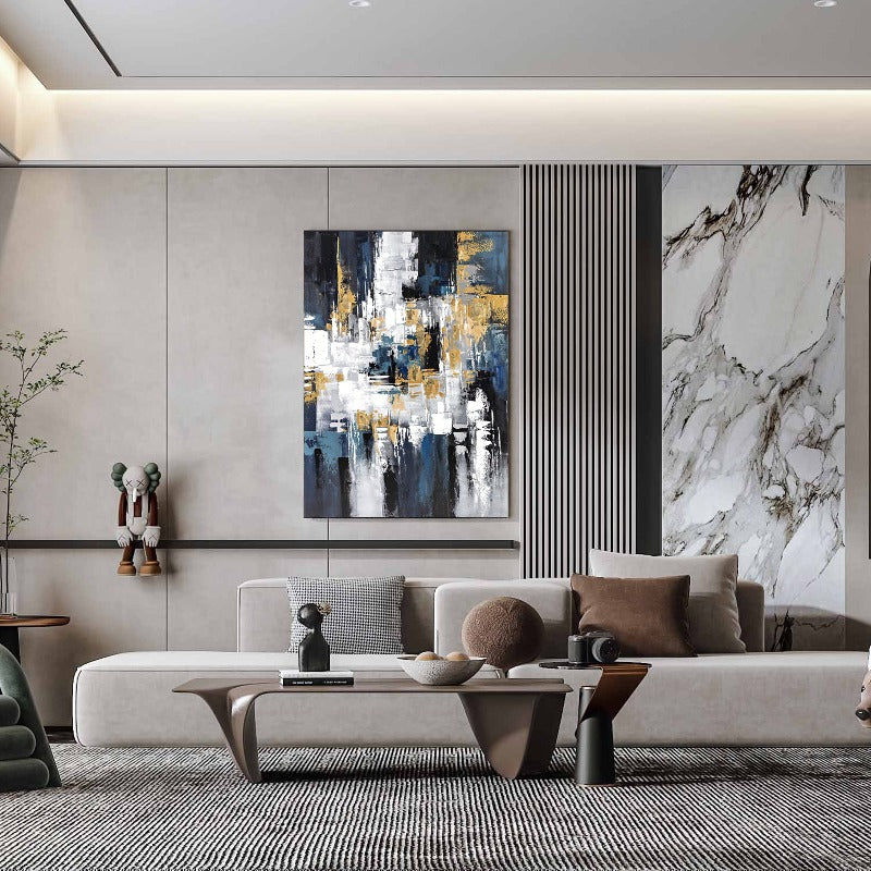 BLUE AND GOLD MOSAIC, ABSTRACT PAINTING, HAND-PAINTED CANVAS