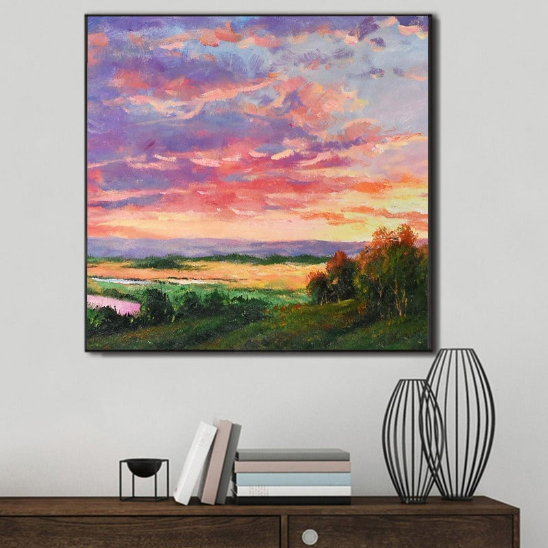LANDSCAPE PAINTING, PINK SUNSET, HAND-PAINTED CANVASPink Sunset, Landscape Painting Australia, Hand-painted Canvas,best contemporary figurative painters,best contemporary painters 2020,best contemporary watercolor artists