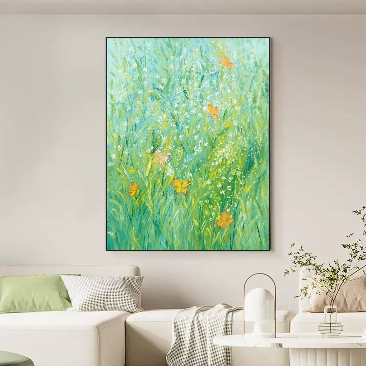 FLOWER PAINTING, GREEN  BLOOM, HAND-PAINTED CANVAS