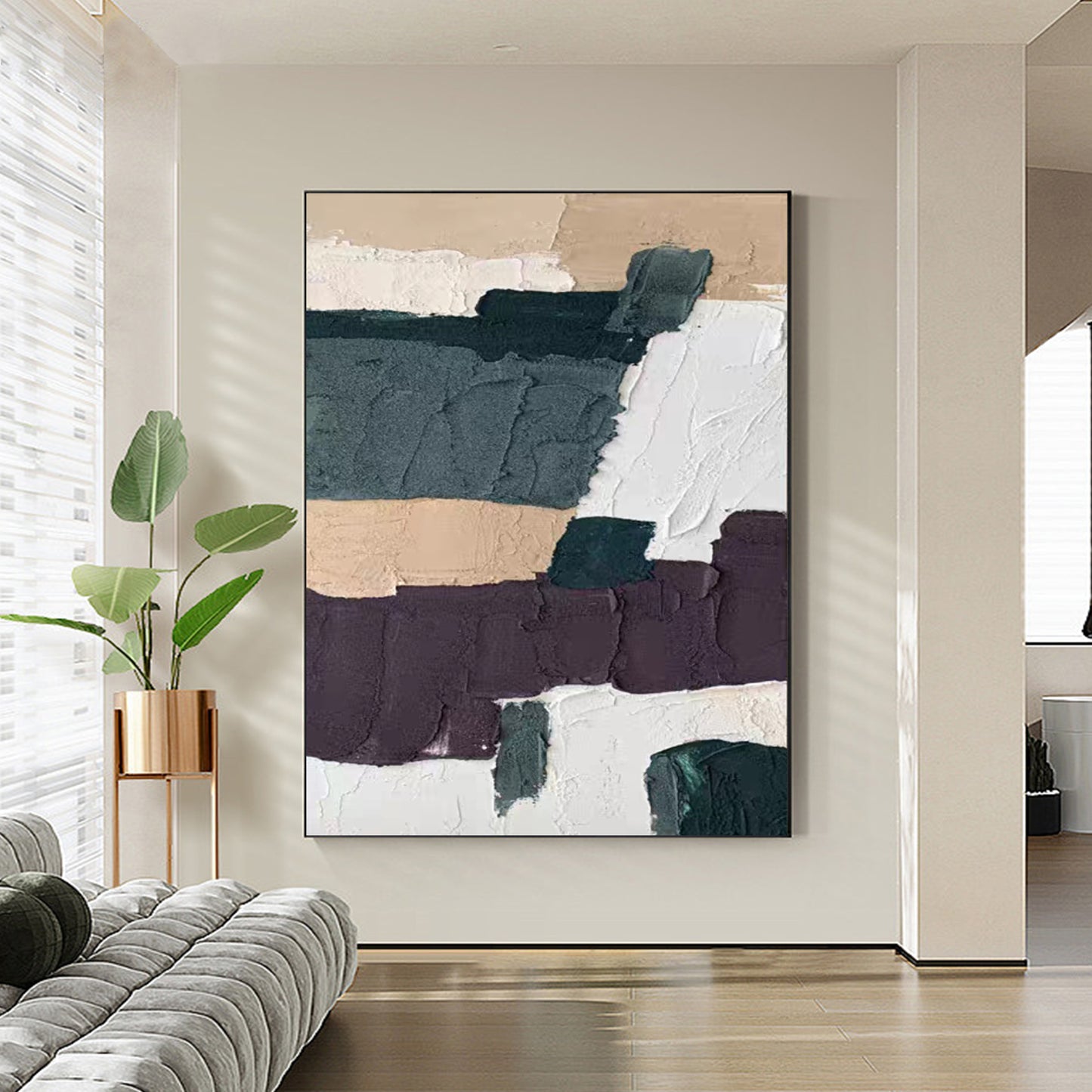 MINIMALIST PAINTING, THICK TEXTURE NAVY AND BROWN, HAND-PAINTED CANVAS
