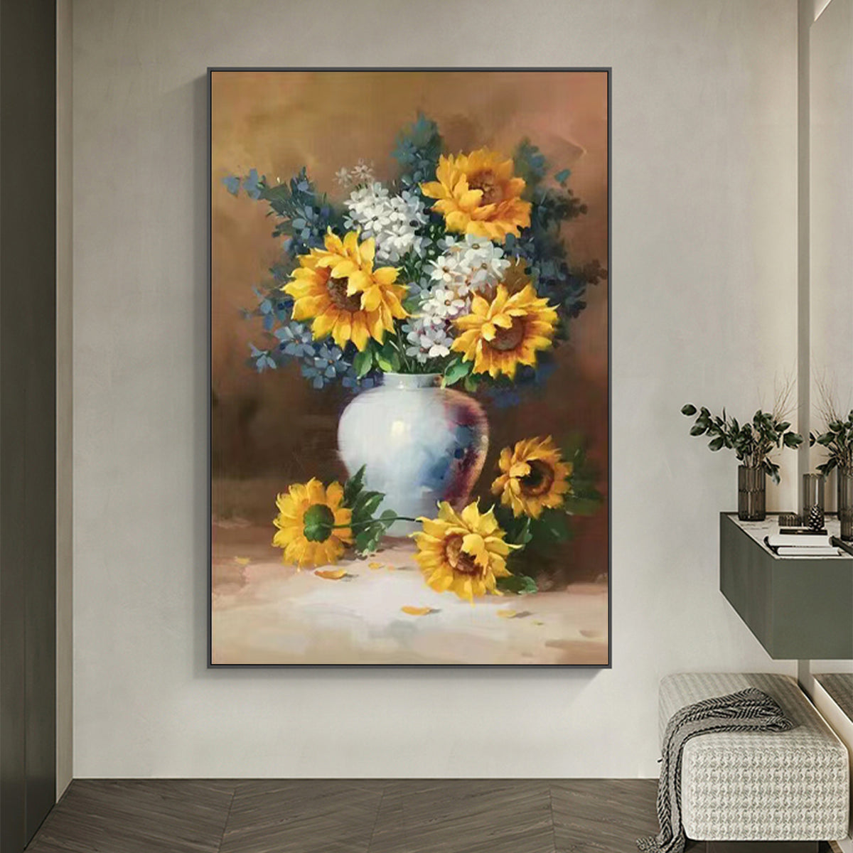 Classic Sunflowers – hand-painted floral oil painting on canvas, brown and terracotta tones