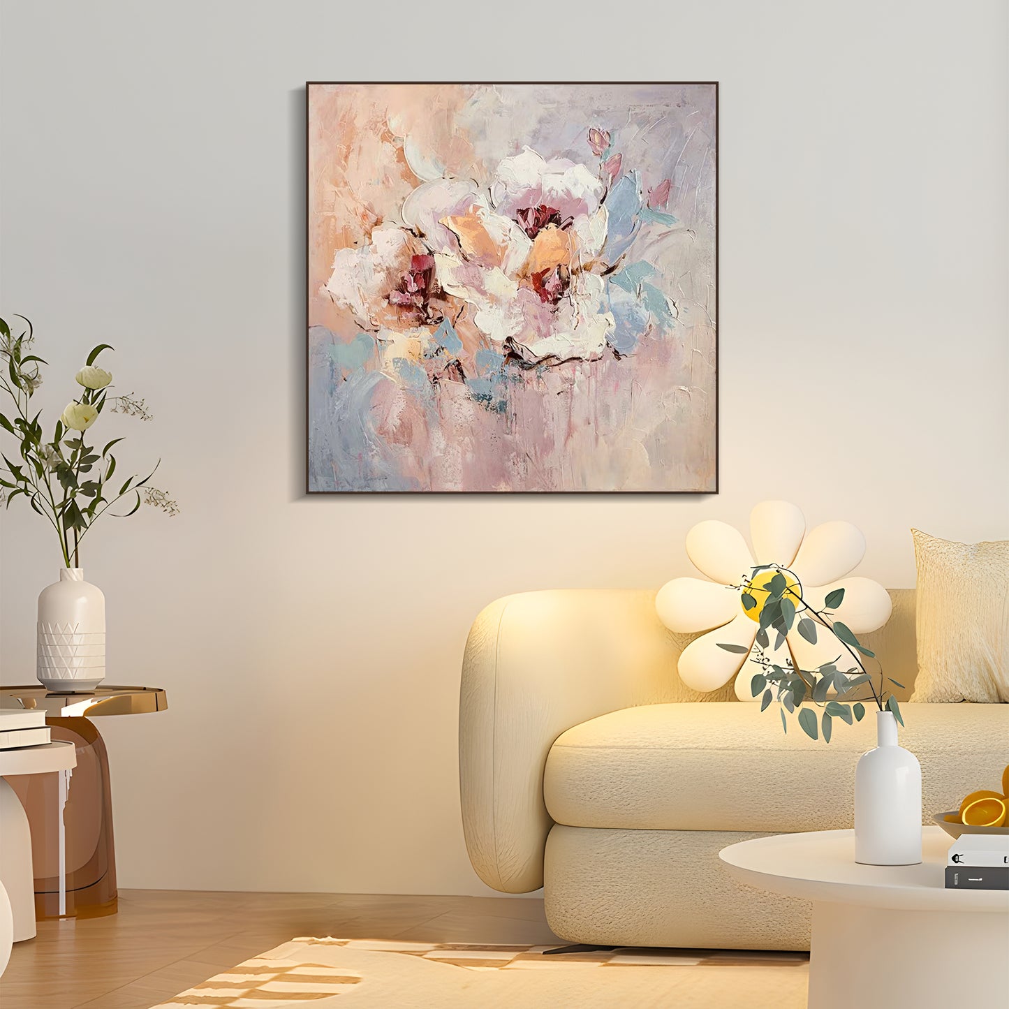 FLOWER PAINTING, IMPRESSION PINK FLOWER, HAND-PAINTED CANVAS
