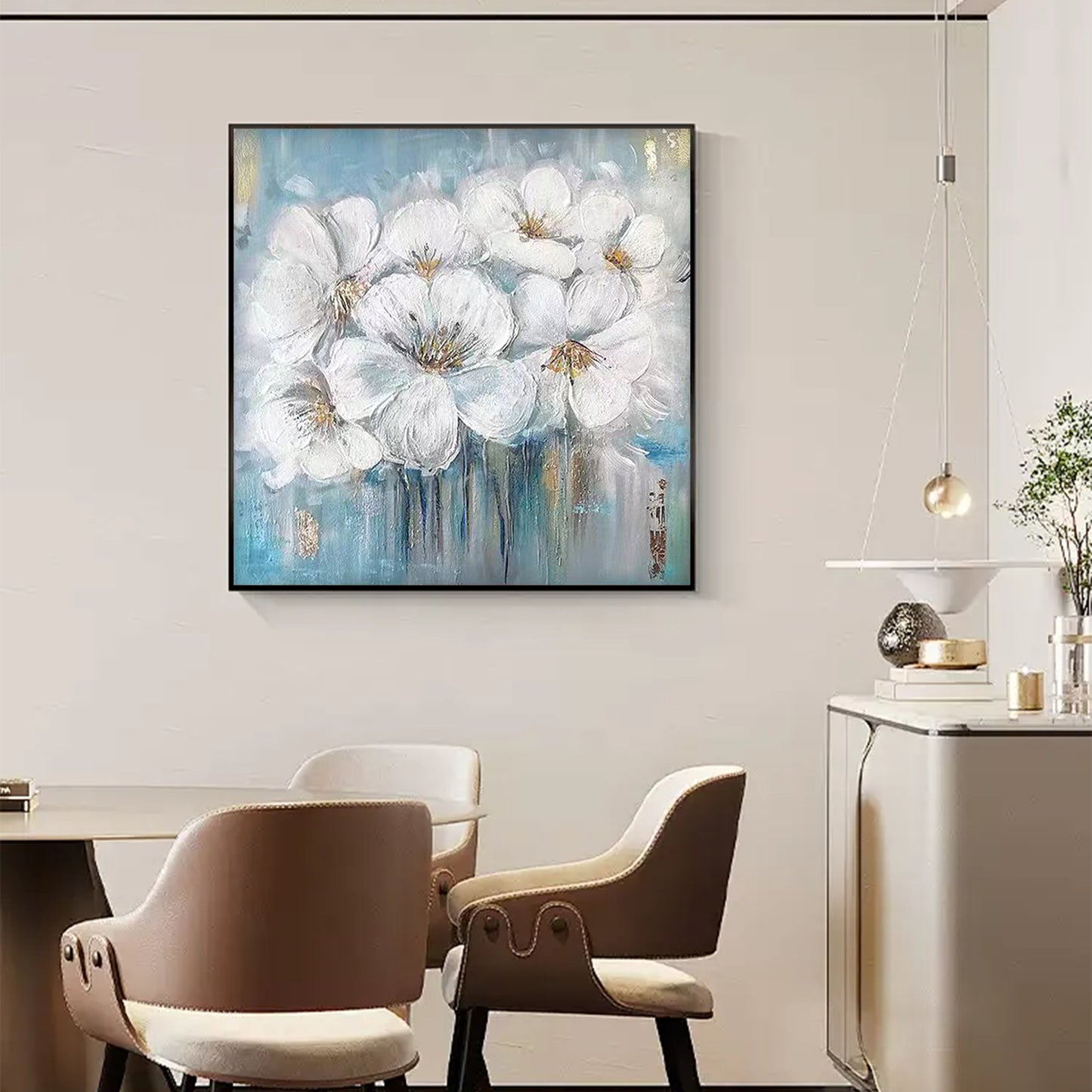 FLOWER PAINTING, WHITE FLOWER, HAND-PAINTED CANVAS