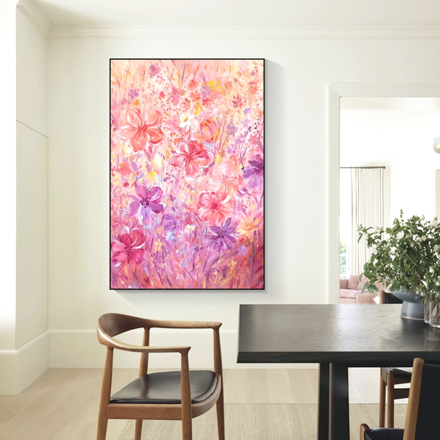 FLOWER PAINTING, PINK BLOOM, HAND-PAINTED CANVAS