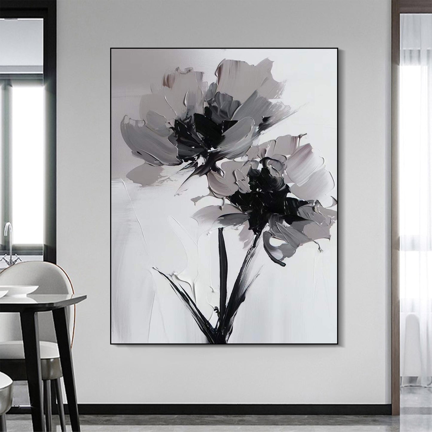 FLOWER PAINTING, HAND-PAINTED CANVAS, WHITE BLACK FLOWER