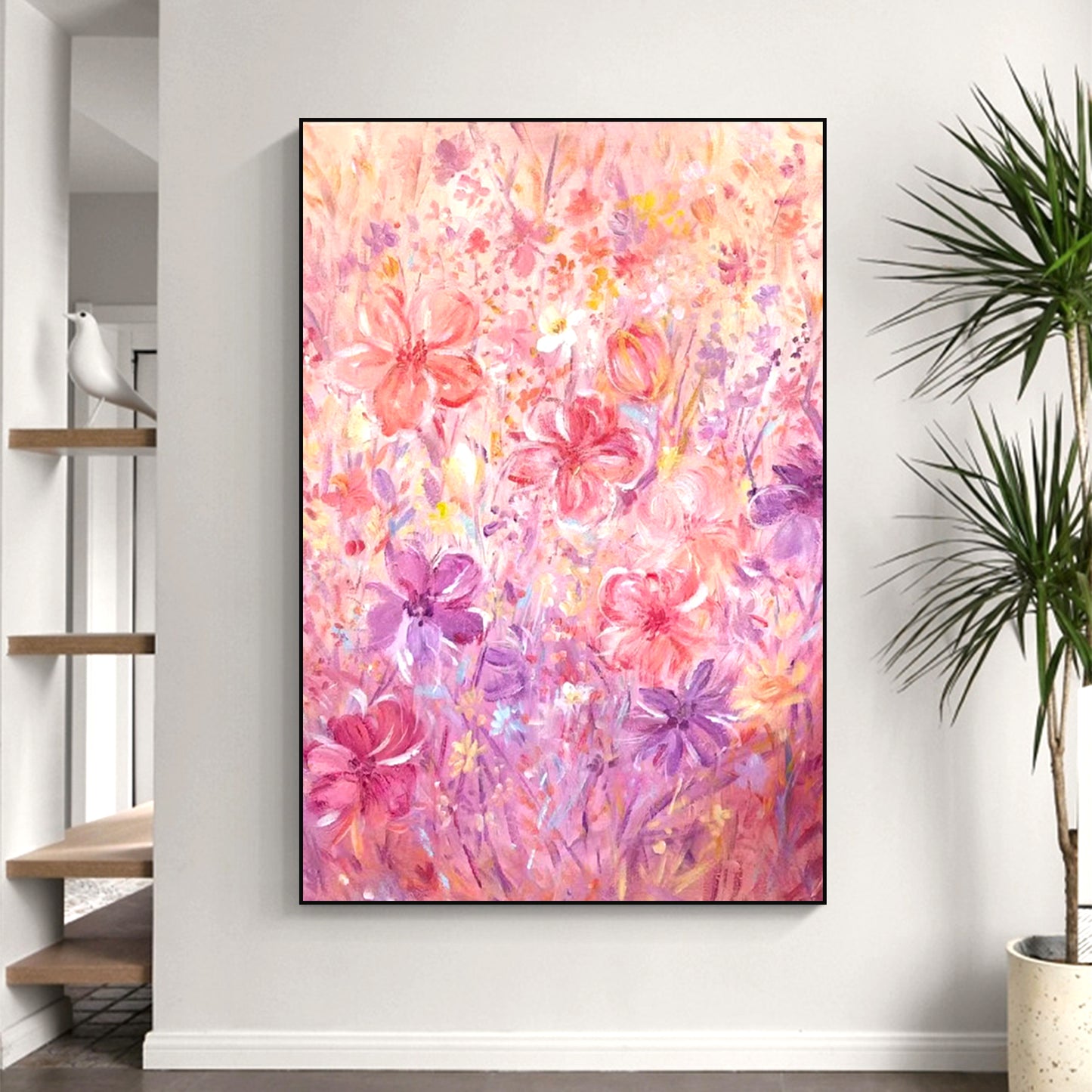 FLOWER PAINTING, PINK BLOOM, HAND-PAINTED CANVAS
