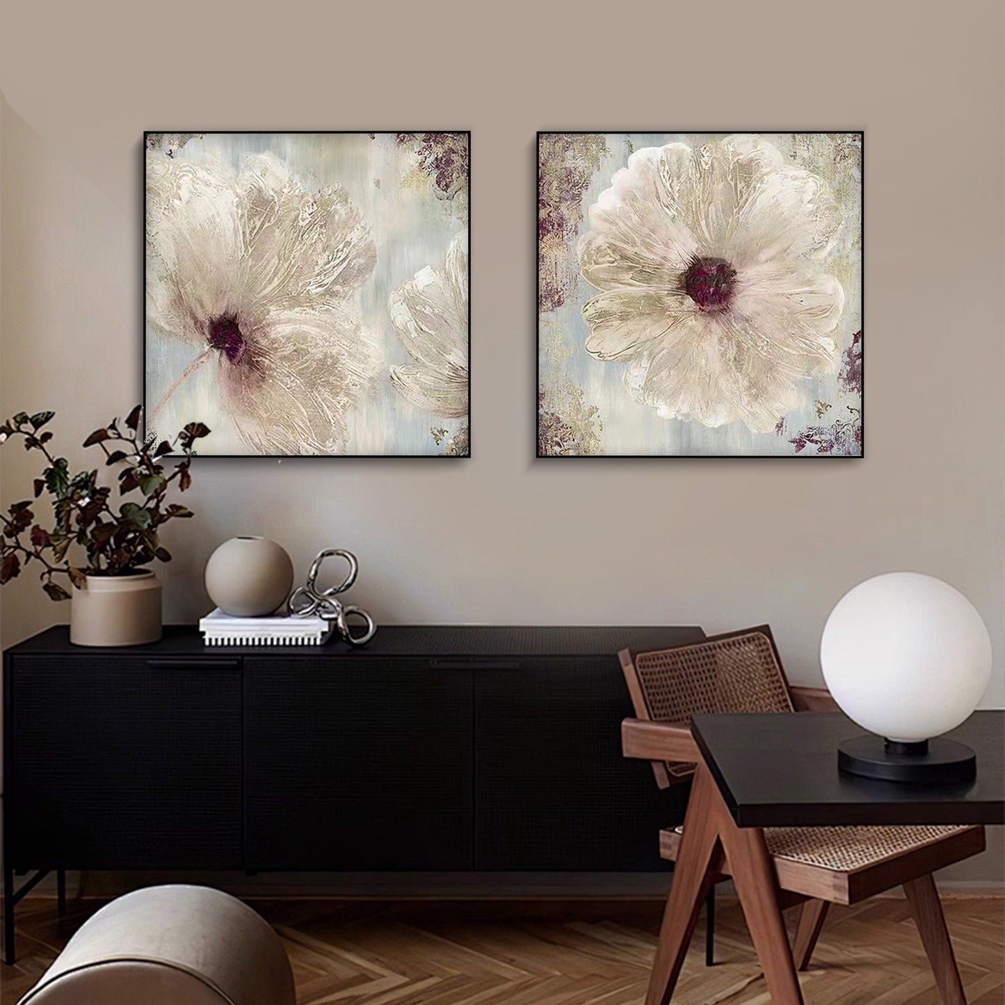SET OF 2 BLOOM FLOWER, HAND-PAINTED CANVAS, FLOWER PAINTING