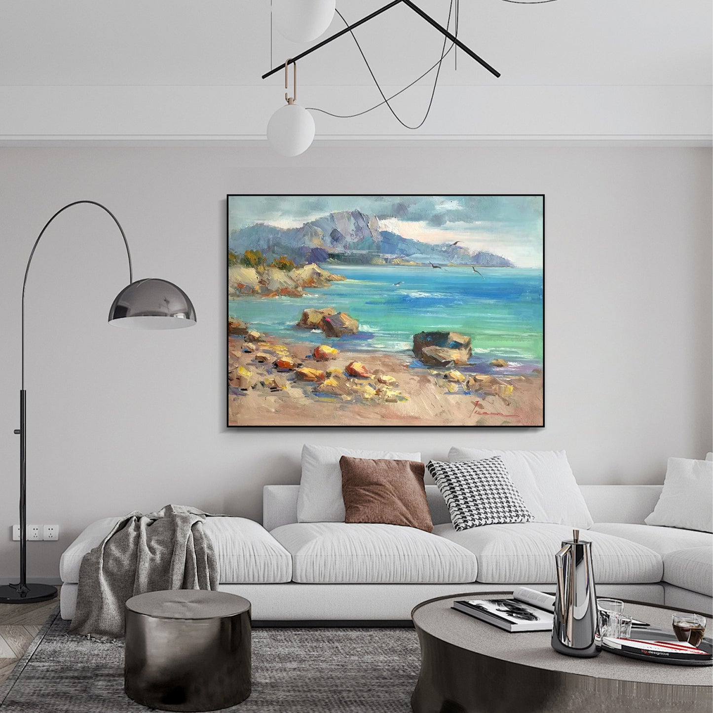 LANDSCAPE PAINTING, COASTAL VIEW WITH SEAGULL, HAND-PAINTED CANVAS