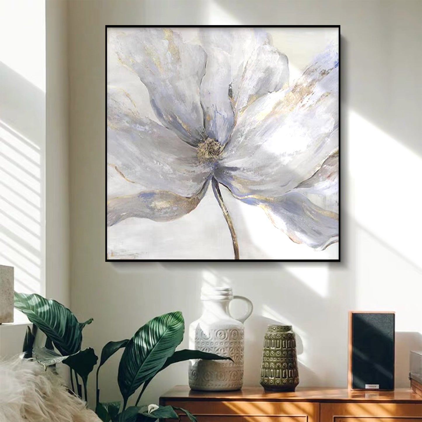 FLOWER PAINTING, BLUE BLOOM, HAND-PAINTED CANVAS