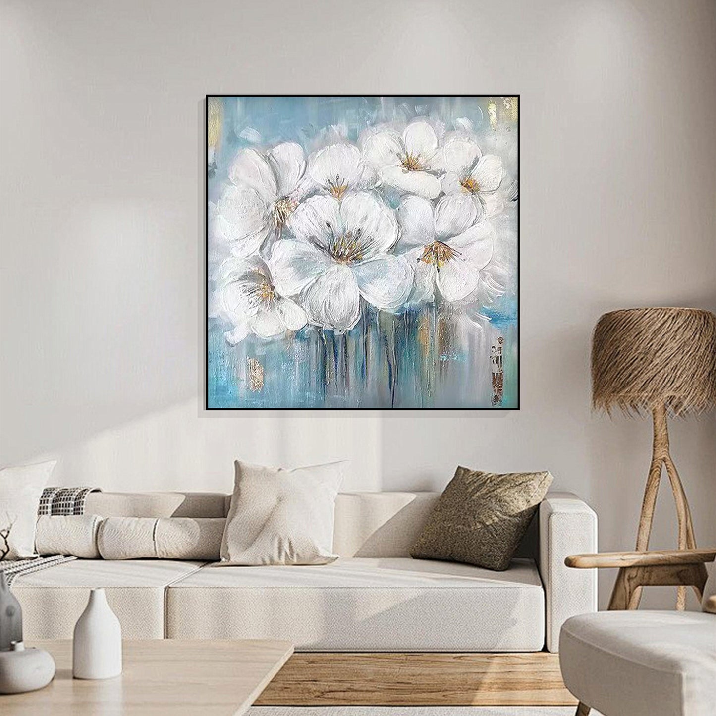 FLOWER PAINTING, WHITE FLOWER, HAND-PAINTED CANVAS