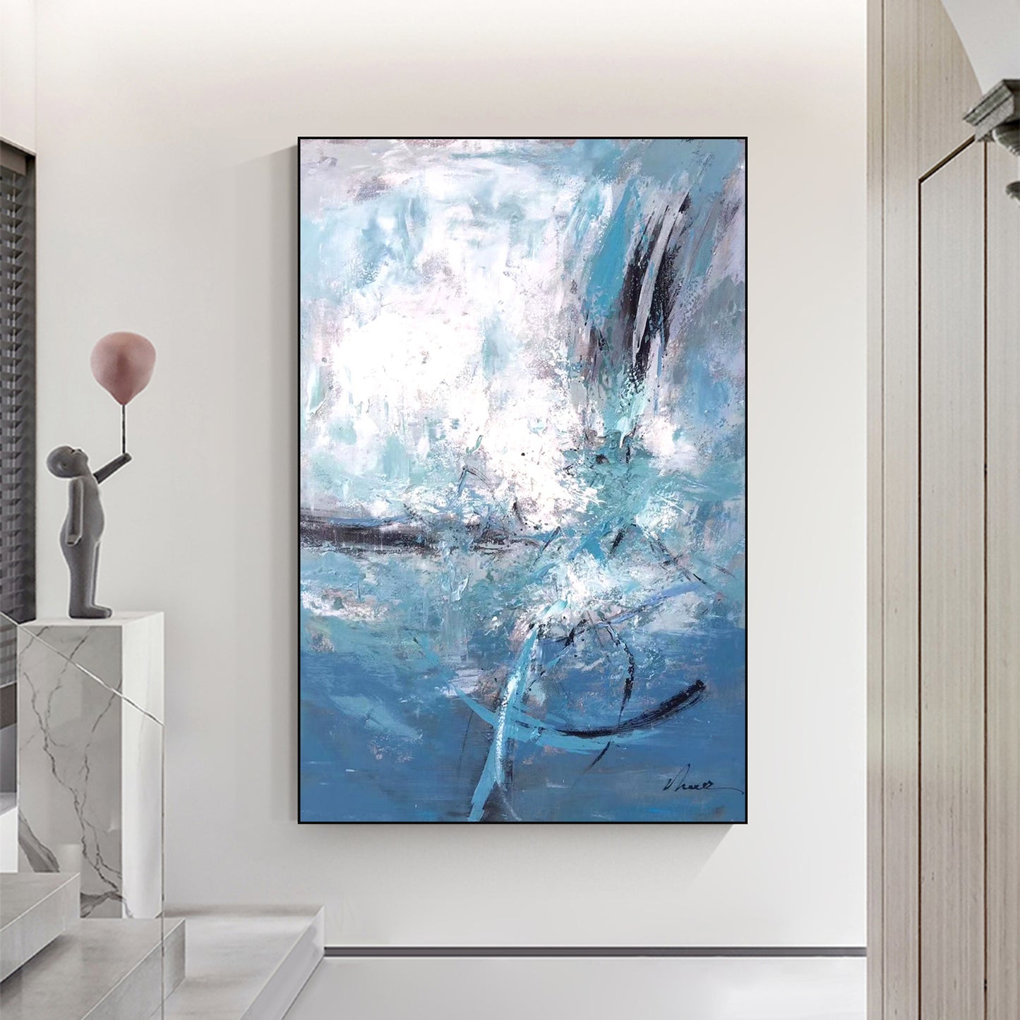ABSTRACT PAINTING, BLUE PLANET, HAND-PAINTED CANVAS