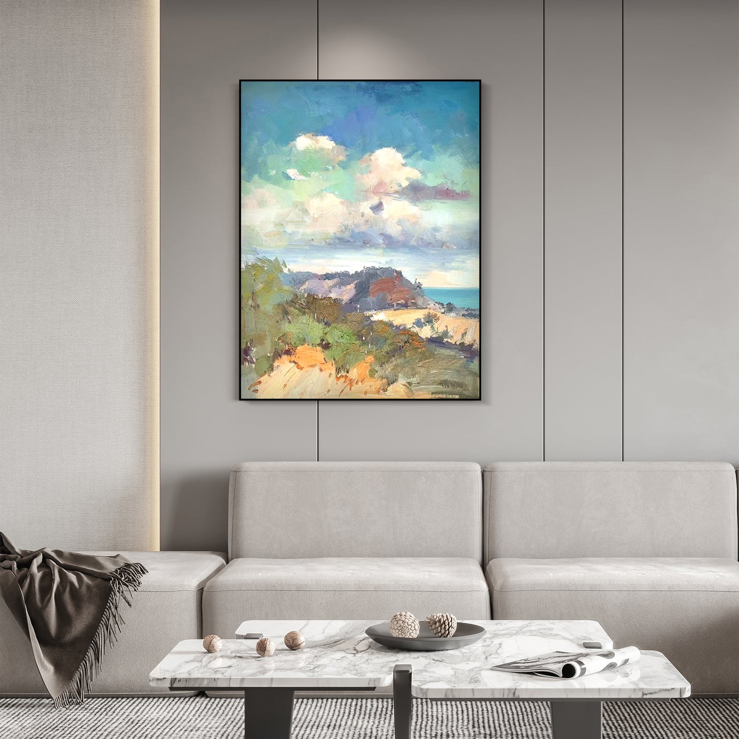 LANDSCAPE PAINTING, BEACH SCENERY, HAND-PAINTED CANVAS