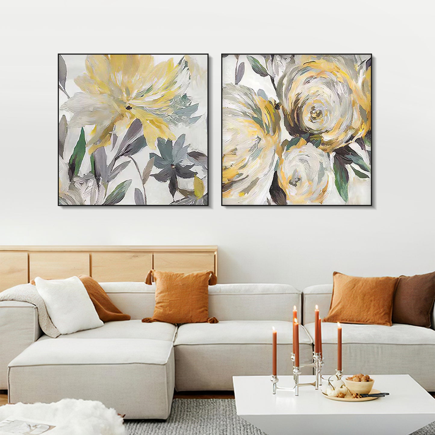 SET OF 3, IMPRESSIONISM FLOWER PAINTING, HAND-PAINTED CANVAS, YELLOW BLOOM