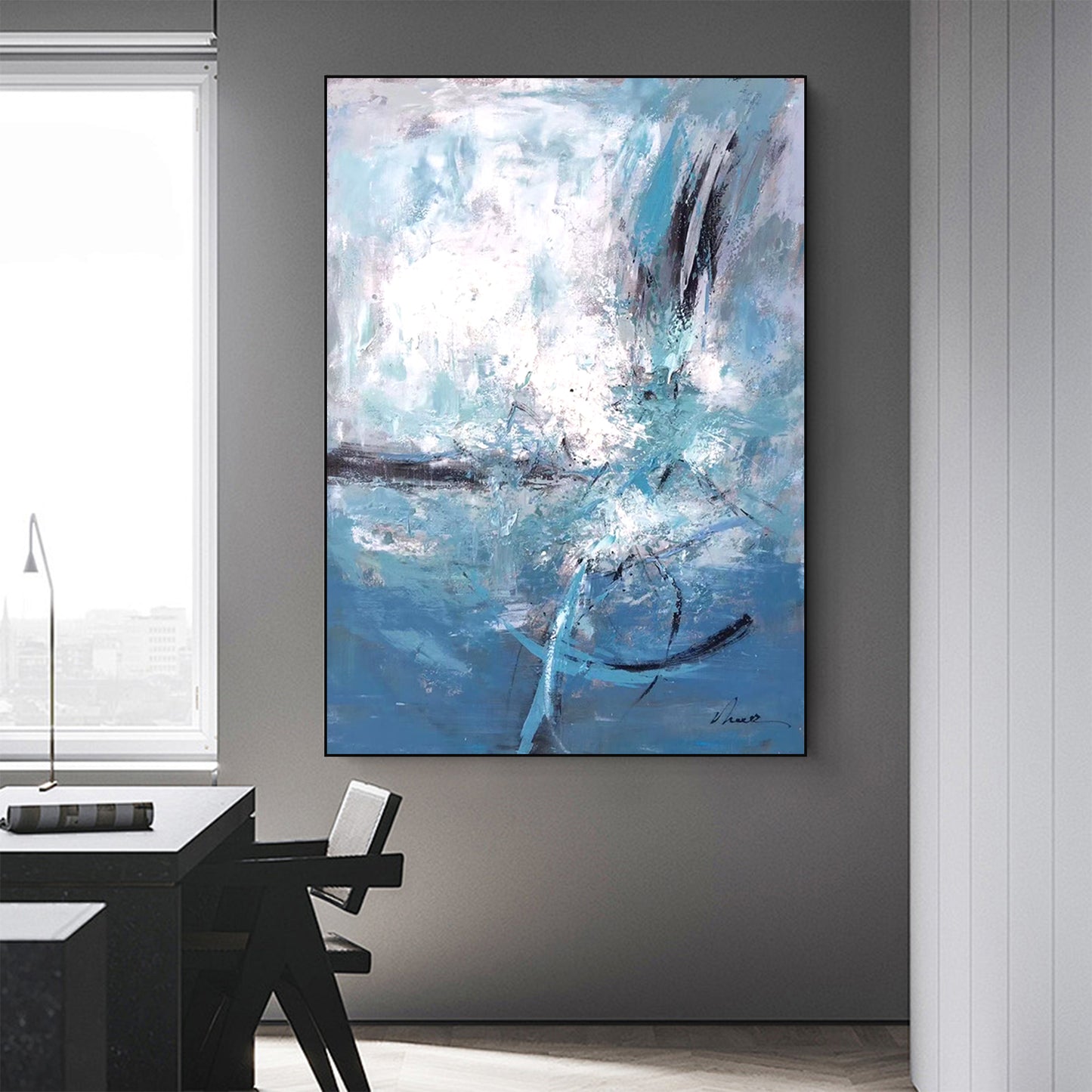 ABSTRACT PAINTING, BLUE PLANET, HAND-PAINTED CANVAS