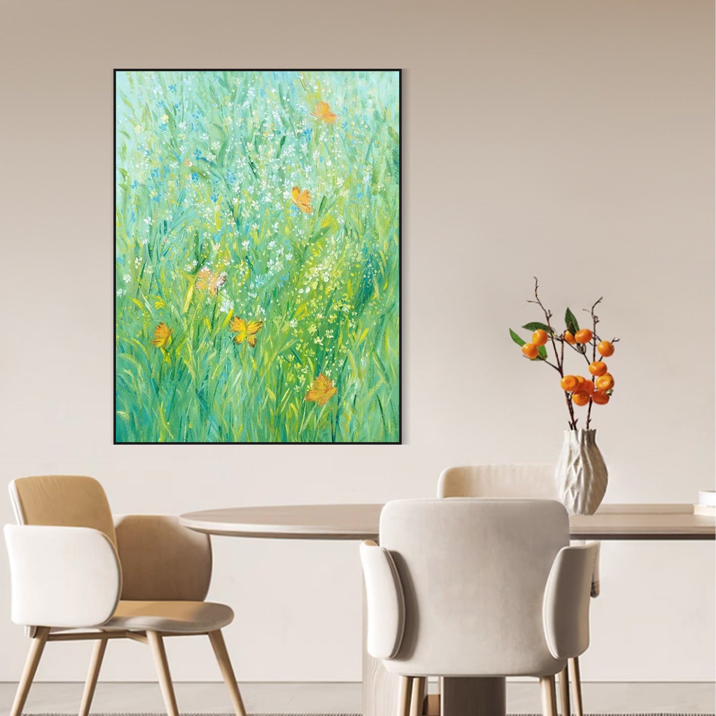FLOWER PAINTING, GREEN  BLOOM, HAND-PAINTED CANVAS