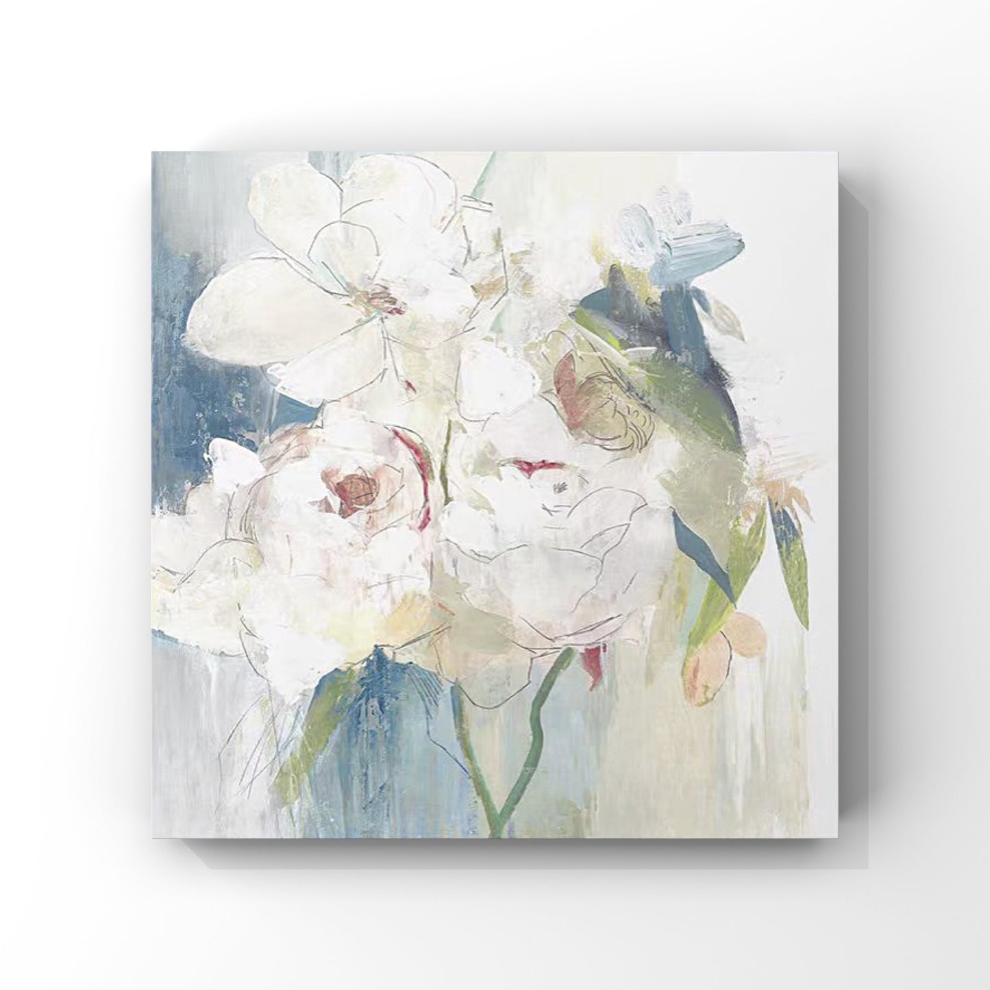 FLOWER PAINTING, WHITE FLOWER BLOOM, HAND-PAINTED CANVAS