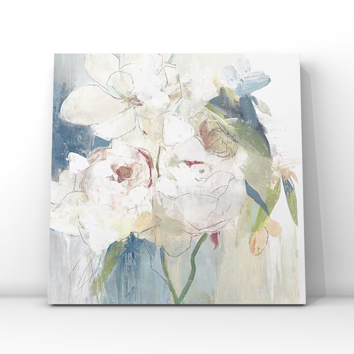 FLOWER PAINTING, WHITE FLOWER BLOOM, HAND-PAINTED CANVAS