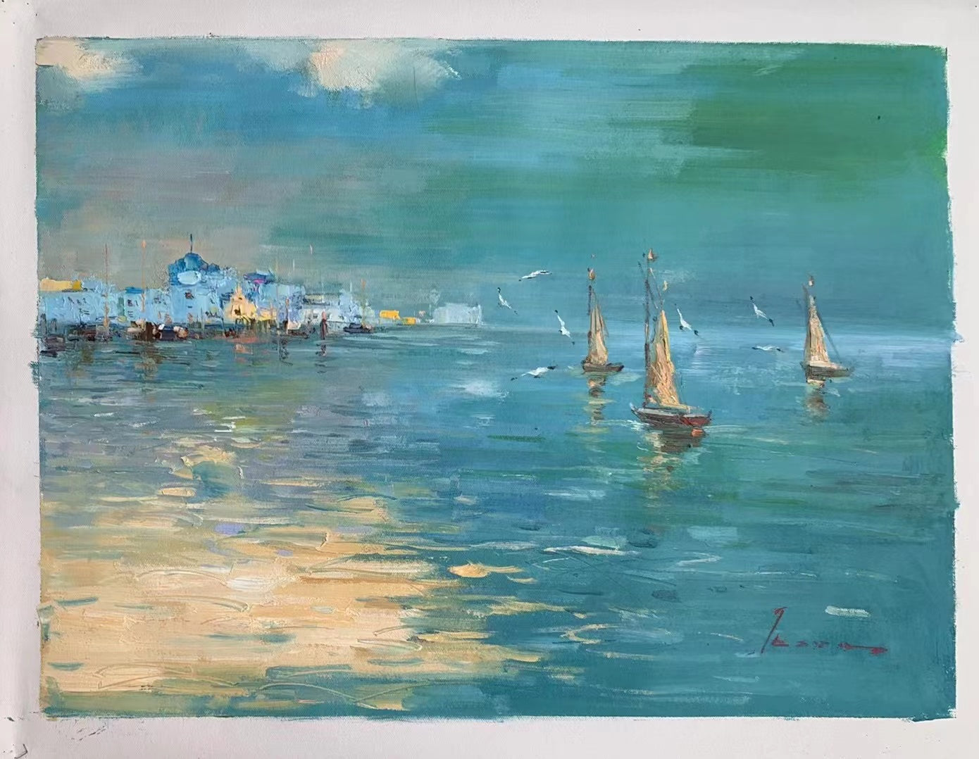 Abstract Sea Landscape Painting with Yachts: Wall Art Australia