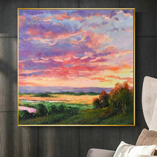 LANDSCAPE PAINTING, PINK SUNSET, HAND-PAINTED CANVASPink Sunset, Landscape Painting Australia, Hand-painted Canvas,best contemporary figurative painters,best contemporary painters 2020,best contemporary watercolor artists