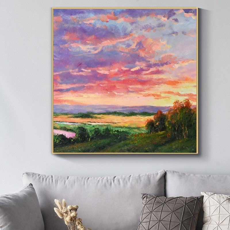 Serene Pink Sunset Landscape Painting – EKM Art Studio