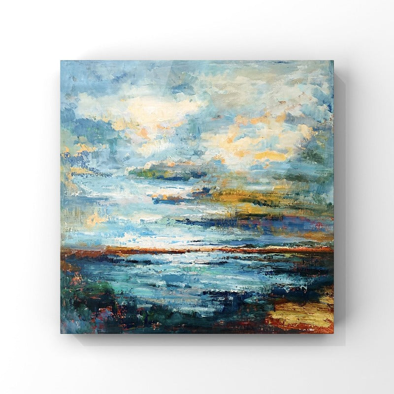 LANDSCAPES PAINTING, BLUE LAKE SIDE, HAND-PAINTED CANVAS