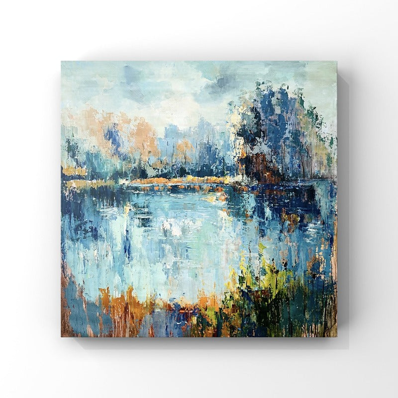 LANDSCAPES PAINTING, LAKE VIEW, HAND-PAINTED CANVAS