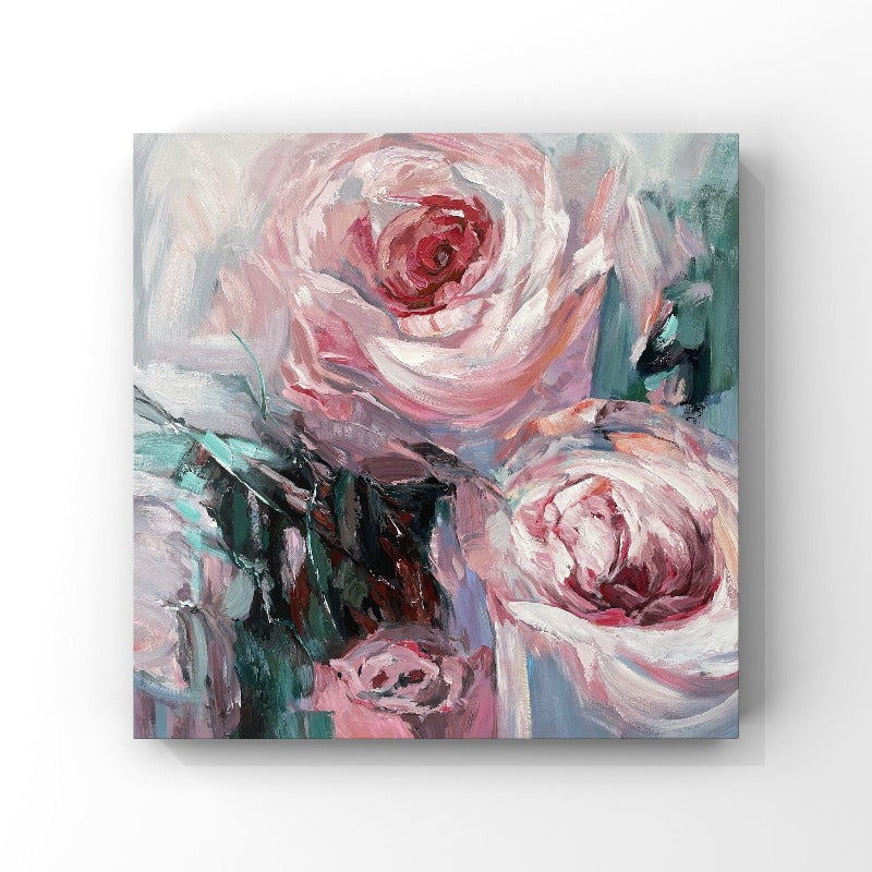 PINK ROSE, FLOWER PAINTING, HAND-PAINTED CANVAS