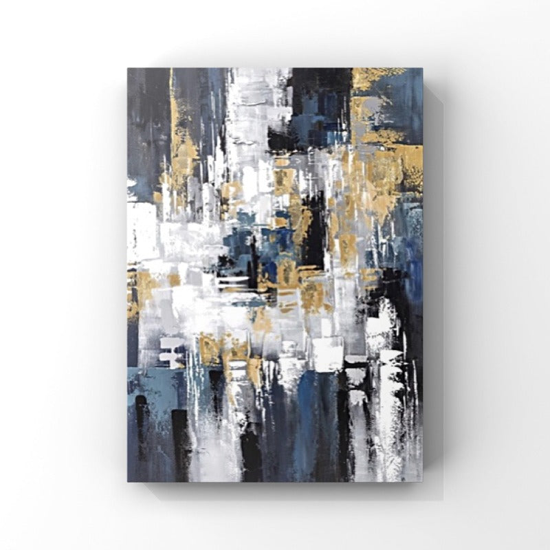 BLUE AND GOLD MOSAIC, ABSTRACT PAINTING, HAND-PAINTED CANVAS