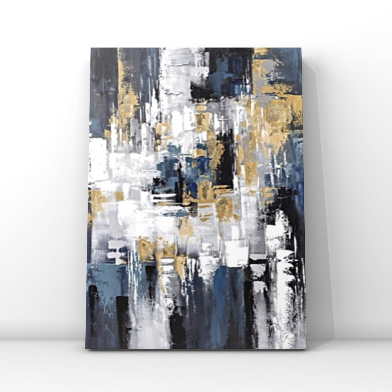 BLUE AND GOLD MOSAIC, ABSTRACT PAINTING, HAND-PAINTED CANVAS